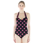 Polka Dots - Dark Pink on Black Women s Halter One Piece Swimsuit