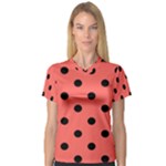 Polka Dots - Black on Pastel Red Women s V-Neck Sport Mesh Tee