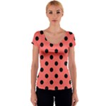 Polka Dots - Black on Pastel Red Women s V-Neck Cap Sleeve Top