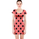Polka Dots - Black on Pastel Red Short Sleeve Bodycon Dress