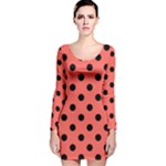 Polka Dots - Black on Pastel Red Long Sleeve Velvet Bodycon Dress