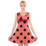 Polka Dots - Black on Pastel Red V-Neck Sleeveless Dress