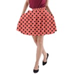 Polka Dots - Black on Pastel Red A-Line Pocket Skirt