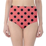 Polka Dots - Black on Pastel Red High-Waist Bikini Bottoms