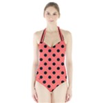 Polka Dots - Black on Pastel Red Women s Halter One Piece Swimsuit