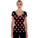 Polka Dots - Pastel Red on Black Women s V-Neck Cap Sleeve Top