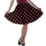 Polka Dots - Pastel Red on Black A-line Skater Skirt