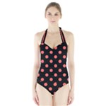 Polka Dots - Pastel Red on Black Women s Halter One Piece Swimsuit