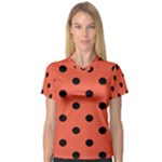 Polka Dots - Black on Tomato Red Women s V-Neck Sport Mesh Tee