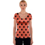 Polka Dots - Black on Tomato Red Women s V-Neck Cap Sleeve Top