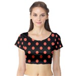 Polka Dots - Tomato Red on Black Short Sleeve Crop Top (Tight Fit)