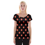 Polka Dots - Tomato Red on Black Women s Cap Sleeve Top