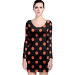 Polka Dots - Tomato Red on Black Long Sleeve Bodycon Dress