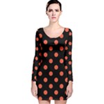 Polka Dots - Tomato Red on Black Long Sleeve Velvet Bodycon Dress