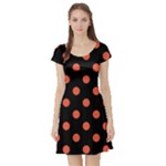 Polka Dots - Tomato Red on Black Short Sleeve Skater Dress