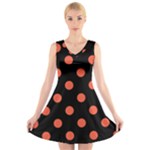 Polka Dots - Tomato Red on Black V-Neck Sleeveless Dress