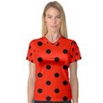 Polka Dots - Black on Ferrari Red Women s V-Neck Sport Mesh Tee