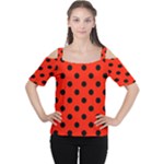 Polka Dots - Black on Ferrari Red Women s Cutout Shoulder Tee