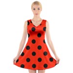 Polka Dots - Black on Ferrari Red V-Neck Sleeveless Dress