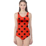 Polka Dots - Black on Ferrari Red One Piece Swimsuit