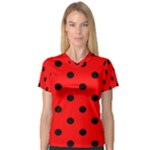 Polka Dots - Black on Red Women s V-Neck Sport Mesh Tee