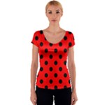 Polka Dots - Black on Red Women s V-Neck Cap Sleeve Top