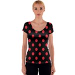 Polka Dots - Alizarin Red on Black Women s V-Neck Cap Sleeve Top