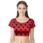 Polka Dots - Black on Fire Engine Red Short Sleeve Crop Top (Tight Fit)