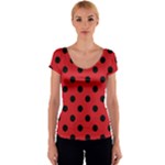 Polka Dots - Black on Fire Engine Red Women s V-Neck Cap Sleeve Top