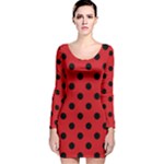 Polka Dots - Black on Fire Engine Red Long Sleeve Velvet Bodycon Dress