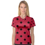 Polka Dots - Black on Cardinal Red Women s V-Neck Sport Mesh Tee