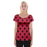 Polka Dots - Black on Cardinal Red Women s Cap Sleeve Top