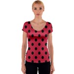 Polka Dots - Black on Cardinal Red Women s V-Neck Cap Sleeve Top