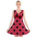 Polka Dots - Black on Cardinal Red V-Neck Sleeveless Dress