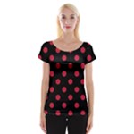 Polka Dots - Cardinal Red on Black Women s Cap Sleeve Top