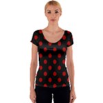 Polka Dots - Dark Candy Apple Red on Black Women s V-Neck Cap Sleeve Top