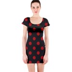 Polka Dots - Dark Candy Apple Red on Black Short Sleeve Bodycon Dress