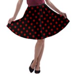 Polka Dots - Dark Candy Apple Red on Black A-line Skater Skirt