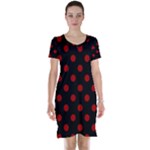 Polka Dots - Dark Candy Apple Red on Black Short Sleeve Nightdress
