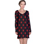Polka Dots - Dark Candy Apple Red on Black Long Sleeve Nightdress