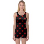 Polka Dots - Dark Candy Apple Red on Black One Piece Boyleg Swimsuit