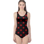Polka Dots - Dark Candy Apple Red on Black One Piece Swimsuit