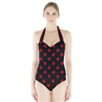 Polka Dots - Dark Candy Apple Red on Black Women s Halter One Piece Swimsuit