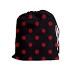 Polka Dots - Dark Candy Apple Red on Black Drawstring Pouch (XL)