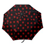 Polka Dots - Dark Candy Apple Red on Black Folding Umbrella