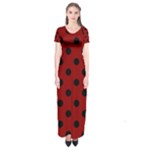 Polka Dots - Black on Dark Red Short Sleeve Maxi Dress