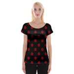 Polka Dots - Maroon Red on Black Women s Cap Sleeve Top