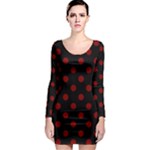 Polka Dots - Maroon Red on Black Long Sleeve Bodycon Dress