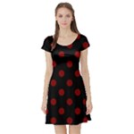 Polka Dots - Maroon Red on Black Short Sleeve Skater Dress