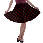 Polka Dots - Maroon Red on Black A-line Skater Skirt